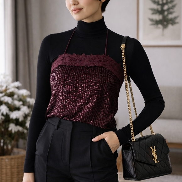 Free People Women Burgundy Sequin Blouse, new with tags (NWT), size XS - Picture 6 of 7